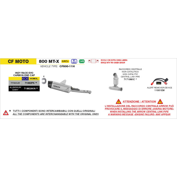 Silencieux ARROW Indy Race EVO en titane avec embout carbone - homologué CE - CF MOTO 800 MT-X 2025-2026 - 1000 MT-X 2026