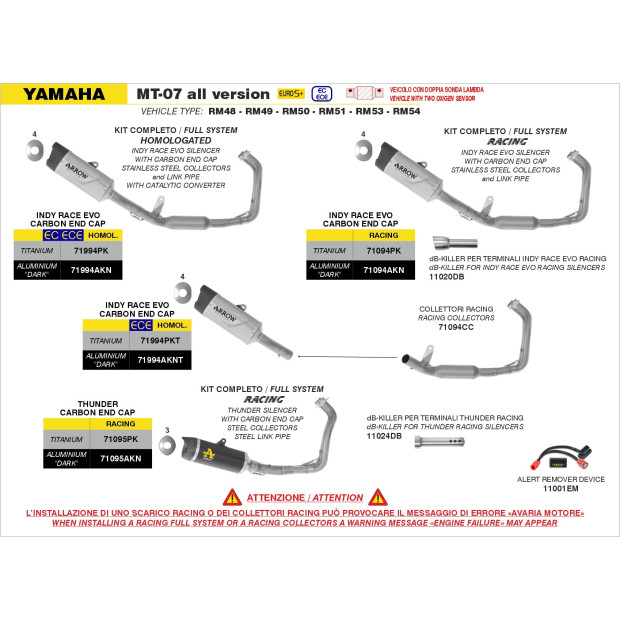 Silencieux d'échappement ARROW Indy Race EVO en aluminium noir avec embout carbone - homologué CE - YAMAHA MT-07 2025-2026