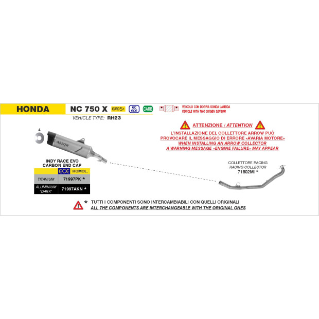 Silencieux d'échappement ARROW Indy Race EVO en titane avec embout carbone - homologué CE - HONDA NC 750 X 2025-2026