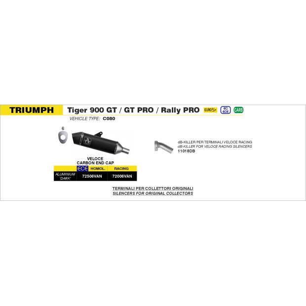 Silencieux ARROW Veloce en aluminium noir avec embout carbone - non homologué - TRIUMPH TIGER 900 GT / GT PRO 2024-2026