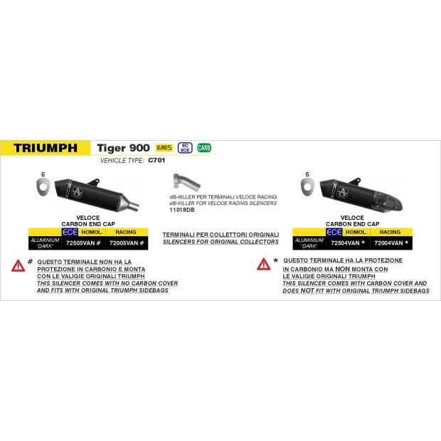 Silencieux d'échappement ARROW Veloce pour valises latérales en aluminium noir avec embout carbone - homologué CE - TRIUMPH
