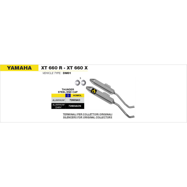Paire de silencieux ARROW Thunder en aluminium avec embout inox - homologuée CE - YAMAHA XT 660 R - XT 660 X 2004-2016