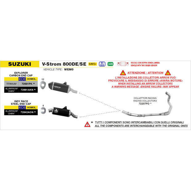 Silencieux d'échappement ARROW Indy Race en aluminium noir avec embout inox - homologué CE - SUZUKI V-STROM 800DE / SE 2023-2026