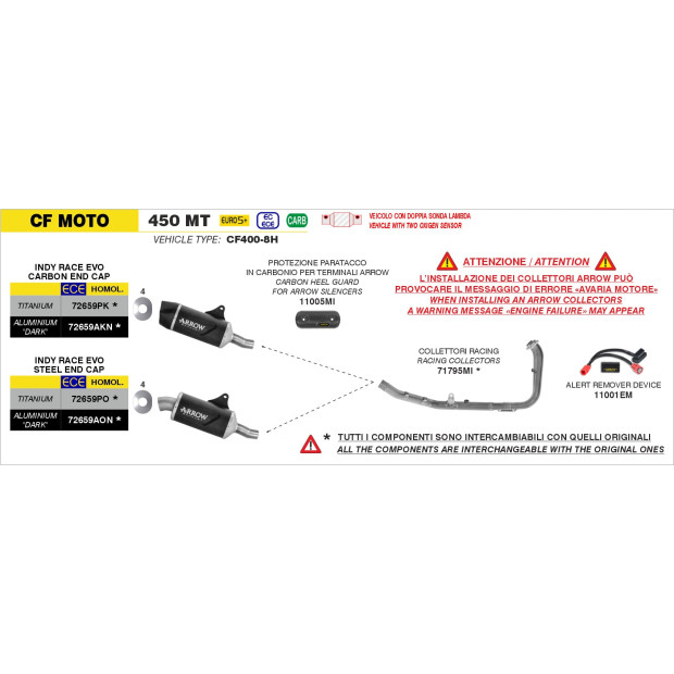 Silencieux d'échappement ARROW Indy Race EVO en titane avec embout carbone - homologué CE - CF MOTO 450 MT 2025-2026