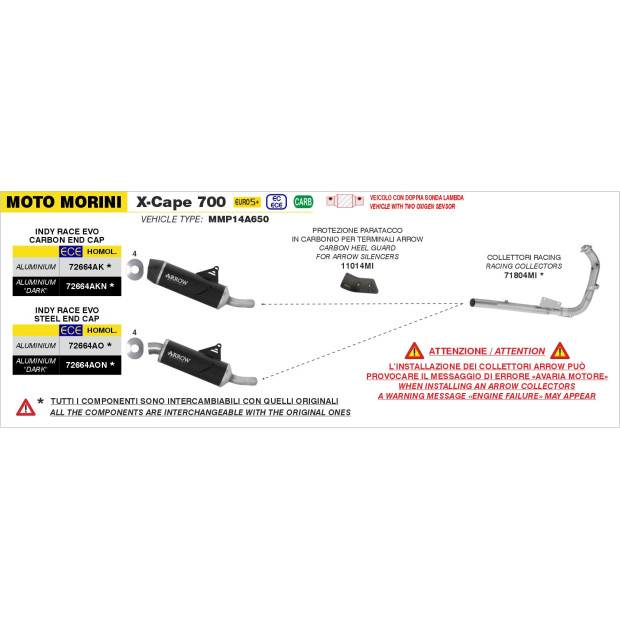 Silencieux ARROW Indy Race EVO en aluminium noir avec embout inox - homologué CE - MOTO MORINI X-CAPE 700 2025-2026