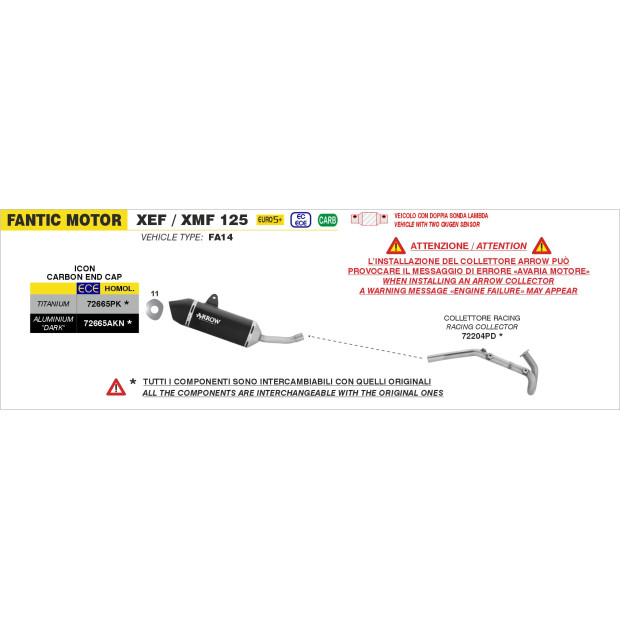 Silencieux d'échappement ARROW Icon en aluminium noir avec embout carbone - homologué CE - FANTIC MOTOR XEF / XMF 125 2025-2026