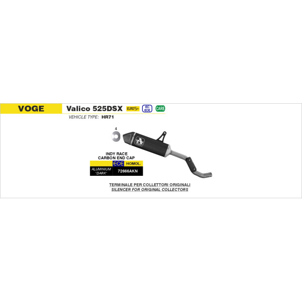 Silencieux d'échappement ARROW Indy Race en aluminium noir avec embout carbone - homologué CE - VOGE VALICO 525DSX 2023-2026