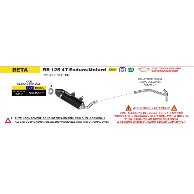 Silencieux ARROW Icon en aluminium noir avec embout carbone - homologué CE - BETA RR 125 4T ENDURO/MOTARD 2024-2026