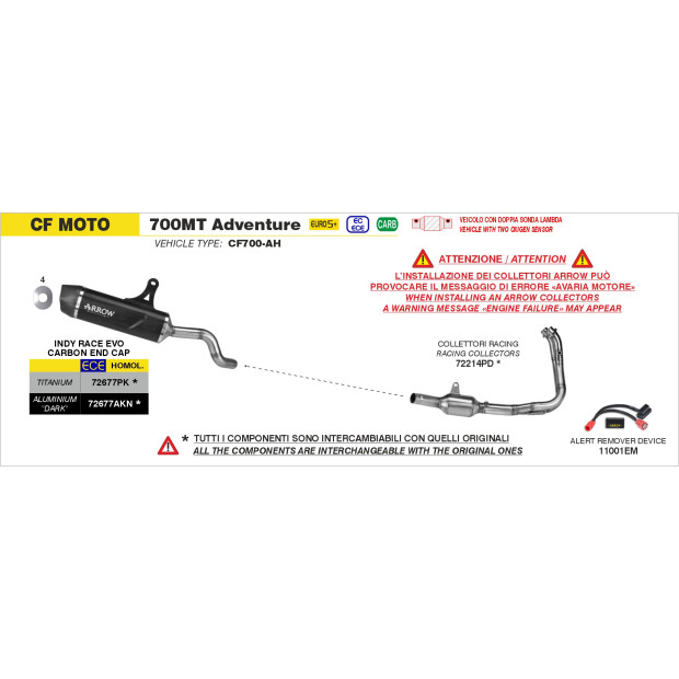 Silencieux ARROW Indy Race EVO en aluminium noir avec embout carbone - homologué CE - CF MOTO 700MT ADVENTURE 2025-2026