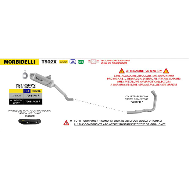 Silencieux d'échappement ARROW Indy Race EVO en titane avec embout inox - homologué CE - MORBIDELLI T502X 2026