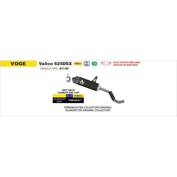 Silencieux d'échappement ARROW Indy Race en aluminium noir avec embout carbone - homologué CE - VOGE VALICO 625DSX 2025-2026