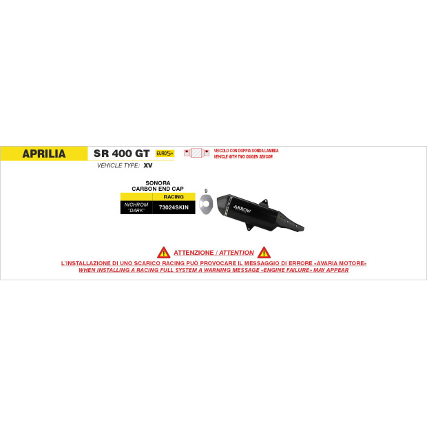 Silencieux d'échappement ARROW Sonora en inox noir avec embout carbone - non homologué - APRILIA SR 400 GT 2026