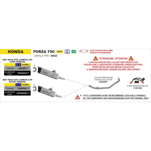 Silencieux d'échappement ARROW Indy Race EVO version courte en titane embout carbone - homologué CE - HONDA FORZA 750 2021-2026