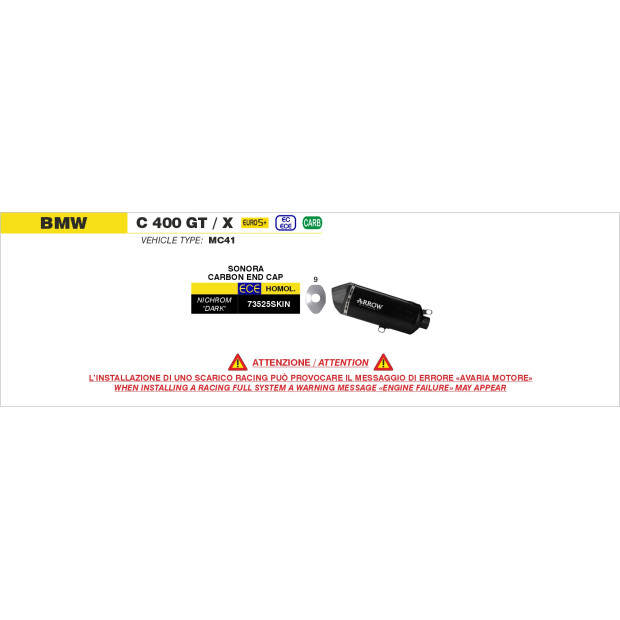 Silencieux d'échappement ARROW Sonora en inox noir avec embout carbone - homologué CE - BMW C 400 GT / X 2025-2026
