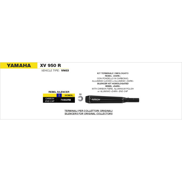 Silencieux d'échappement ARROW Rebel en inox noir avec embout carbone - homologué CE - YAMAHA XV BOLT 950 R 2014-2016