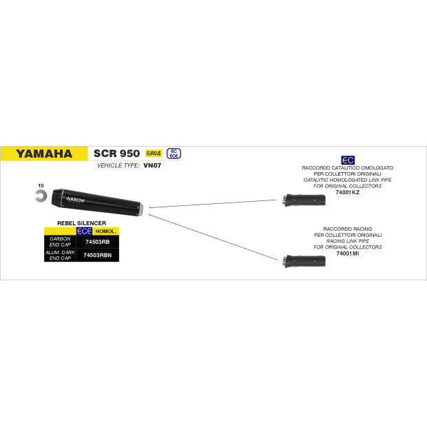 Silencieux d'échappement ARROW Rebel en inox noir avec embout carbone - homologué CE - YAMAHA SCR 950 2017-2020
