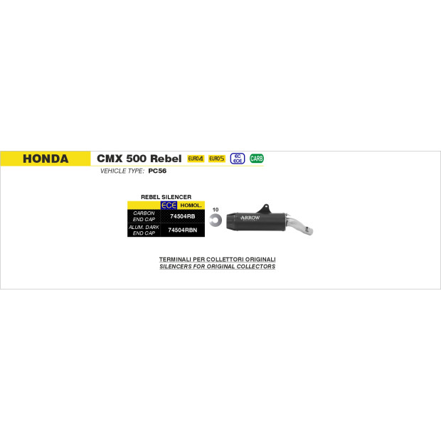Silencieux d'échappement ARROW Rebel en inox noir avec embout carbone - homologué CE - HONDA CMX 500 Rebel ARROW 2017-2024