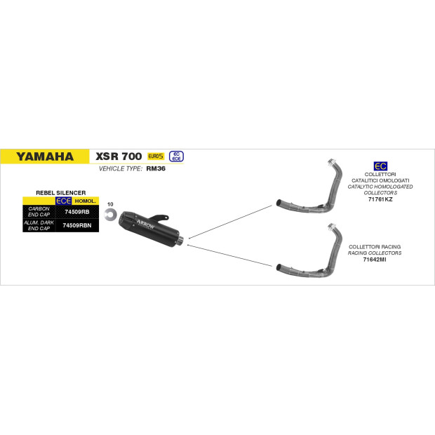 Silencieux d'échappement ARROW Rebel en inox noir avec embout carbone - homologué CE - YAMAHA XSR 700 2021-2024