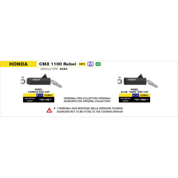 Silencieux d'échappement ARROW Rebel en inox noir avec embout carbone - homologué CE - HONDA CMX 1100 Rebel ARROW 2021-2025
