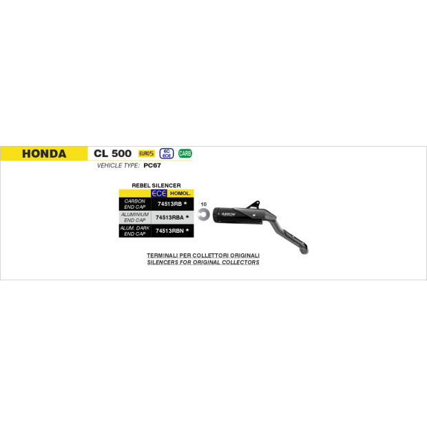 Silencieux d'échappement ARROW Rebel en inox noir avec embout aluminium noir - homologué CE - HONDA CL 500 2023-2024