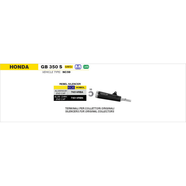 Silencieux d'échappement ARROW Rebel en inox noir avec embout aluminium - homologué CE - HONDA GB 350 S 2025-2026
