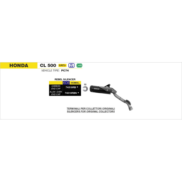 Silencieux d'échappement ARROW Rebel en inox noir avec embout aluminium noir - homologué CE - HONDA CL 500 2025-2026