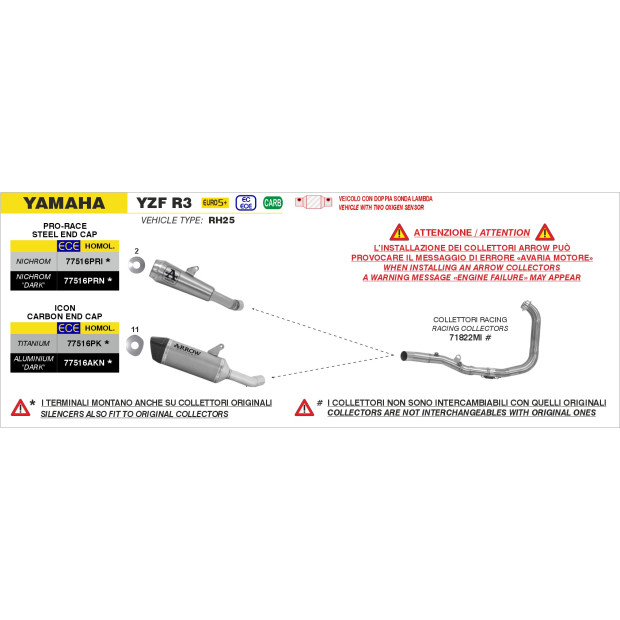 Silencieux d'échappement ARROW Icon en aluminium noir avec embout carbone - homologué CE - YAMAHA YZF R3 - MT-03 2025-2026