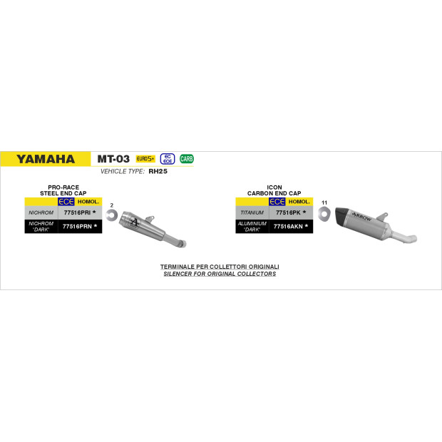 Silencieux d'échappement ARROW Pro-Race en nichrome noir - homologué CE - YAMAHA YZF R3 - MT-03 2025-2026 (réf. 77516PRI)
