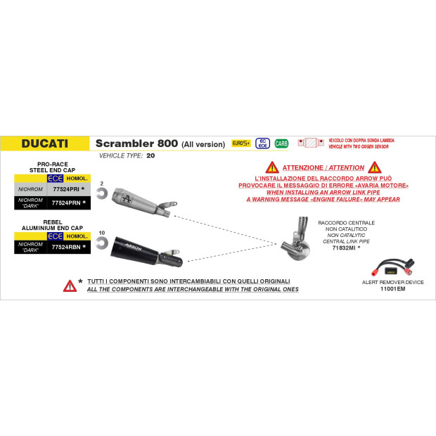 Silencieux d'échappement ARROW Pro-Race en nichrome - homologué CE - DUCATI SCRAMBLER 800 2025-2026