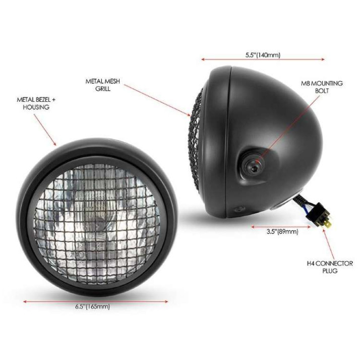 Phare moto Brazoline SCRAMBLER 2 noir mat 165mm