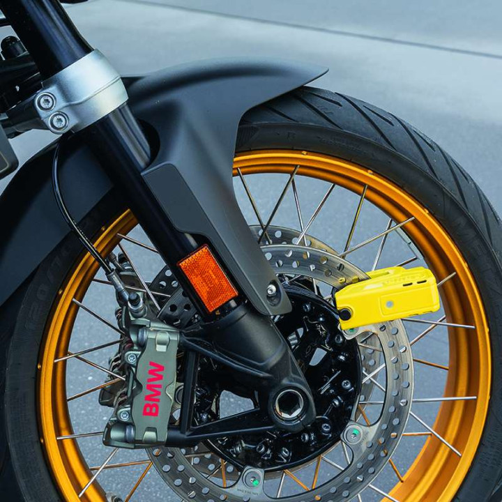 Alarmed motorcycle disc lock SRA ABUS Granit Detecto X-Plus 8077 II Yellow