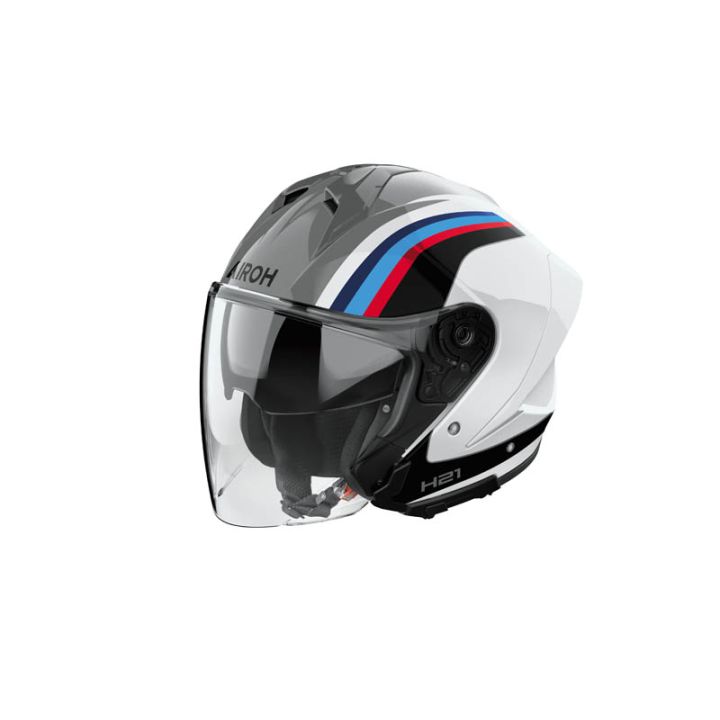 Casque moto jet AirohH 21 Arrow - Gris Blanc Bleu Rouge