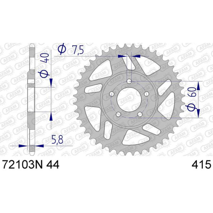 Couronne alu AFAM 44 dents pas 415 type 72103N KTM SX 50 LC Pro Senior Couronne alu AFAM 44 dents pas 415 type 72103N KTM SX 50 LC Pro Senior