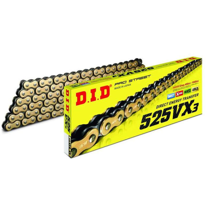 Chaîne transmission DID 525 VX3 Gold 104 Maillons (à riveter)