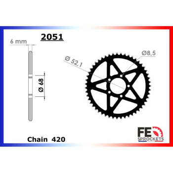 Couronne alu FE 52 dents pas 420 type 2051 Couronne alu FE 52 dents pas 420 type 2051