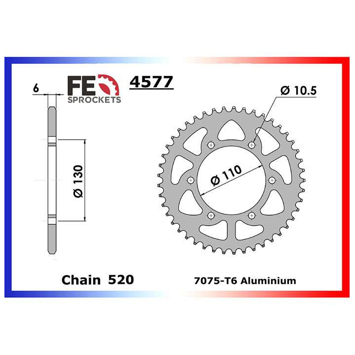 Couronne alu France Equipement 44 dents pas 520 type 4577 Couronne alu France Equipement 44 dents pas 520 type 4577