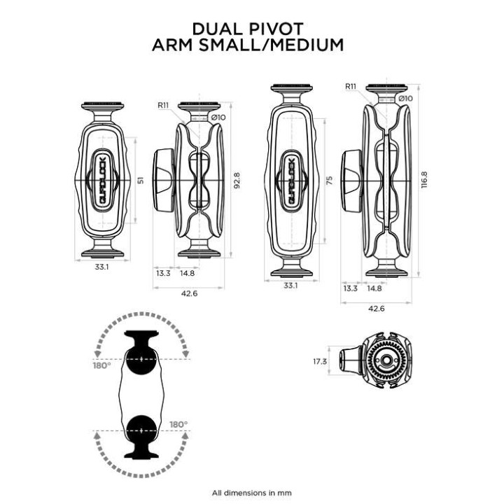 Quad Lock 360 Short 75mm double-pivot articulated arm