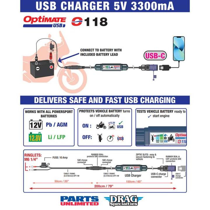 Adaptateur Tecmate OPTIMATE USB-C O-118 3.3A