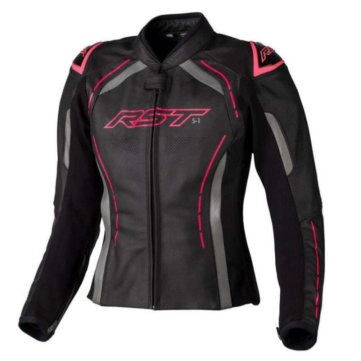 Blouson moto femme RST S-1 Cuir Noir/Rose Fluo