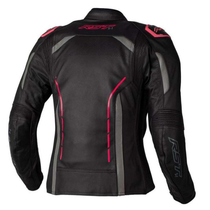Blouson moto femme RST S-1 Cuir Noir/Rose Fluo
