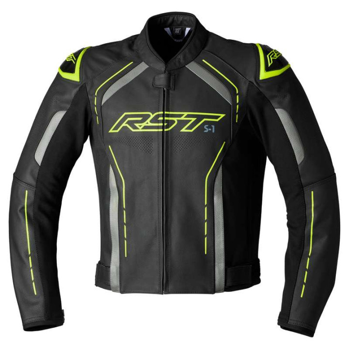RST S-1 Leather Motorcycle Jacket Black/Fluorescent Yellow